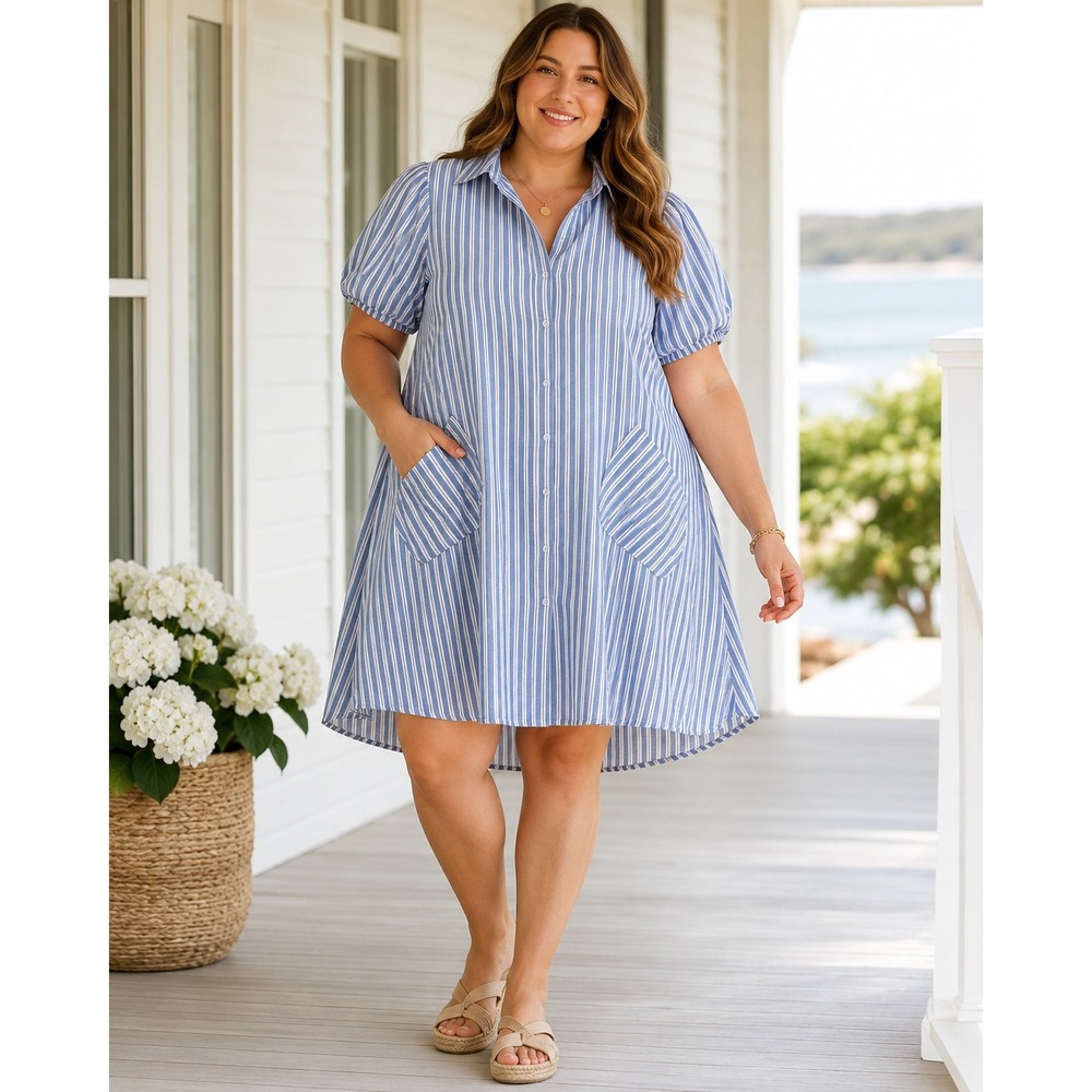 Anthropologie Meadow Rhodes Shirt Dress Size 1X Blue Stripe Puff Sleeve High-Low